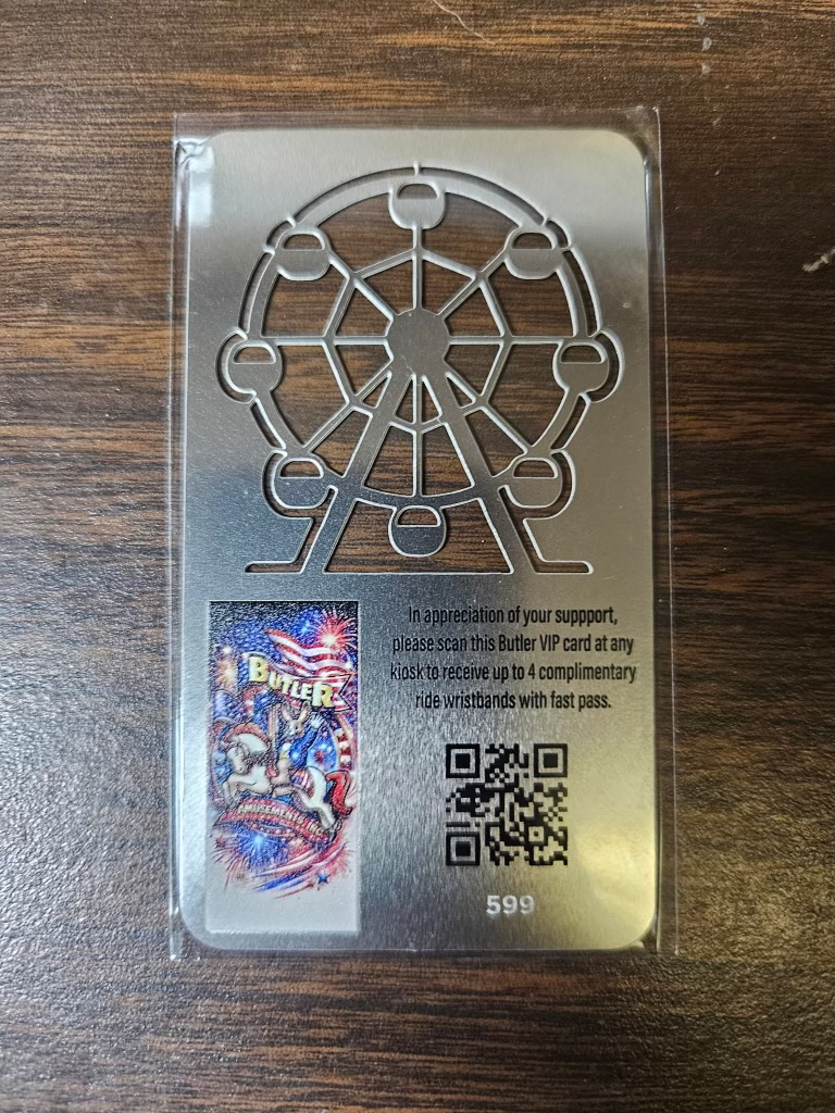 A brushed metal Butler VIP card with a Ferris wheel cutout